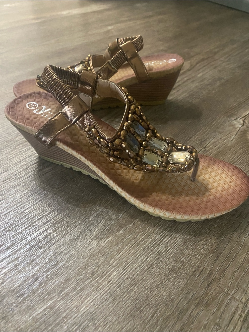NEW Embellished Wedge Sandals in Metallic Bronze